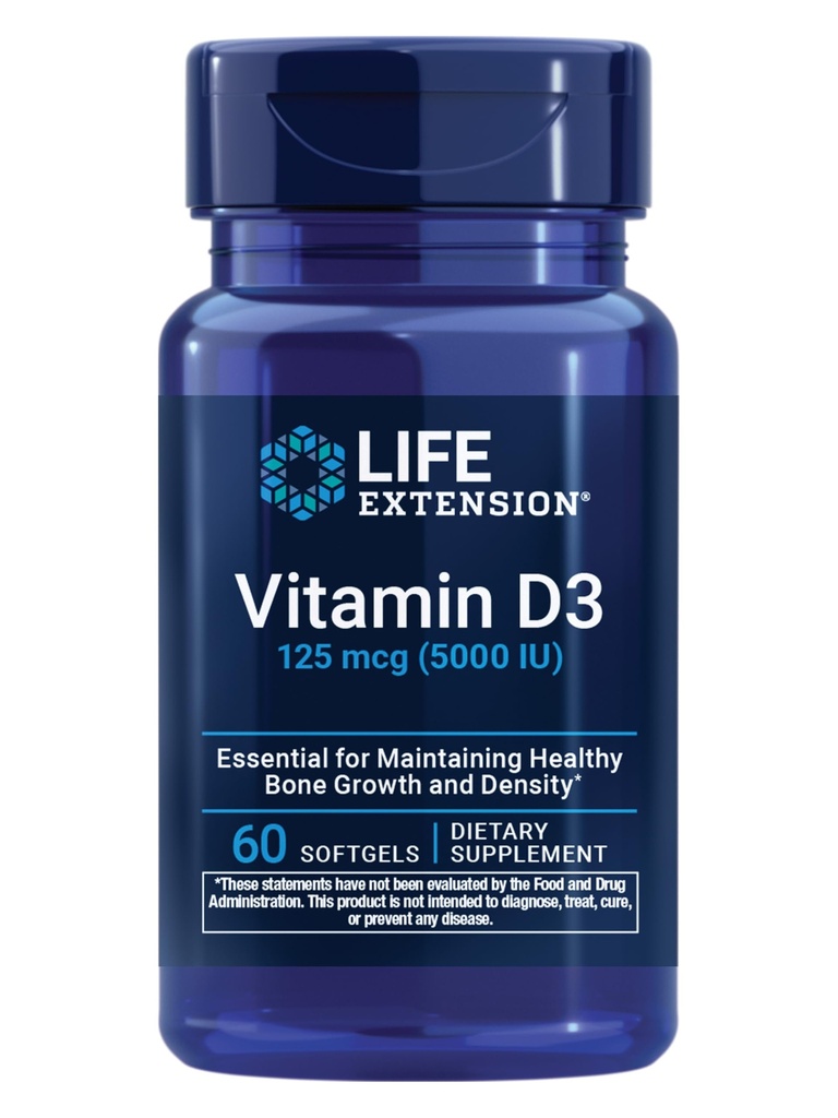 Life Extension Vitamin D3 125 mcg (5000 IE), Bone Health, Brain Performance, Immune System Support, Gluten-Free, Non-GMO, Once Daily, Two-Month Supply, 60 Softgels