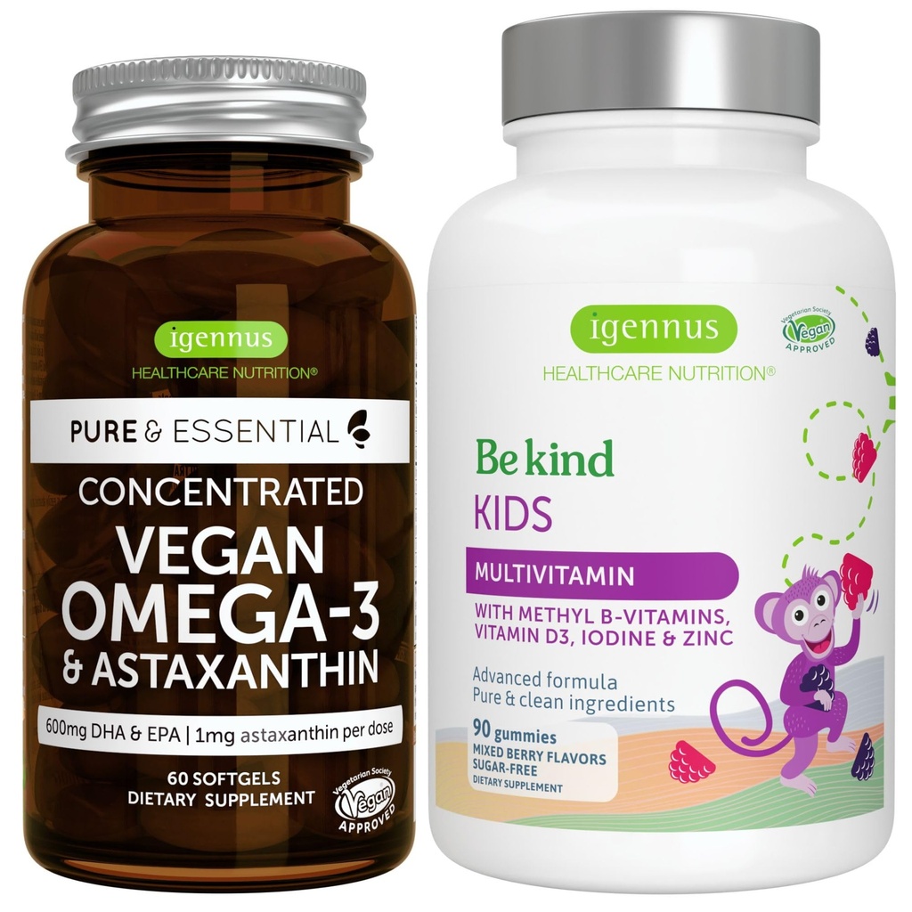 Vegan Omega-3 Algae Oil + Advanced Kids Multivitamiini Gummy Bundle, Korkea pitoisuus DHA & EPA + A-vitamiini, B, C, D3 & E, Puhdas ainesosat 60 Softgels + 90 Berry Flavor Gummies, Igennus
