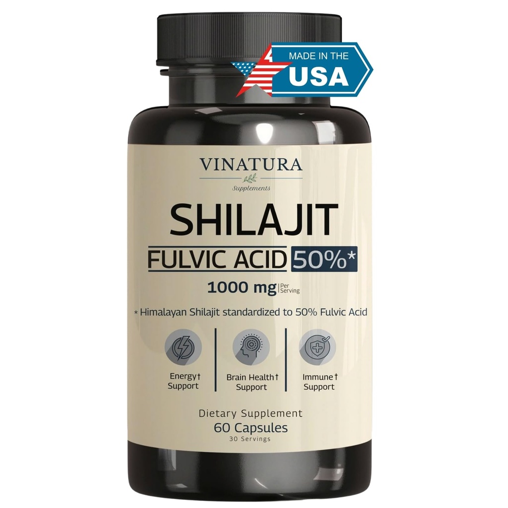 VINATURA Shilajit miehille ja naisille - 1000 mg Pure Himalayan Shilajit Kapselit, vakioitu 50% Fulvic Acid - 60 kapselia