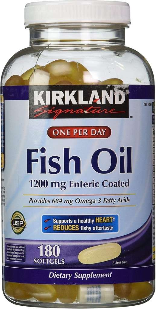 Kirkland Allekirjoitus Eneerinen päällystetty kalaöljy Omega 3 1200 MG Fish Oil, 684 MG Omega 3 rasvahapot, 180 softgels