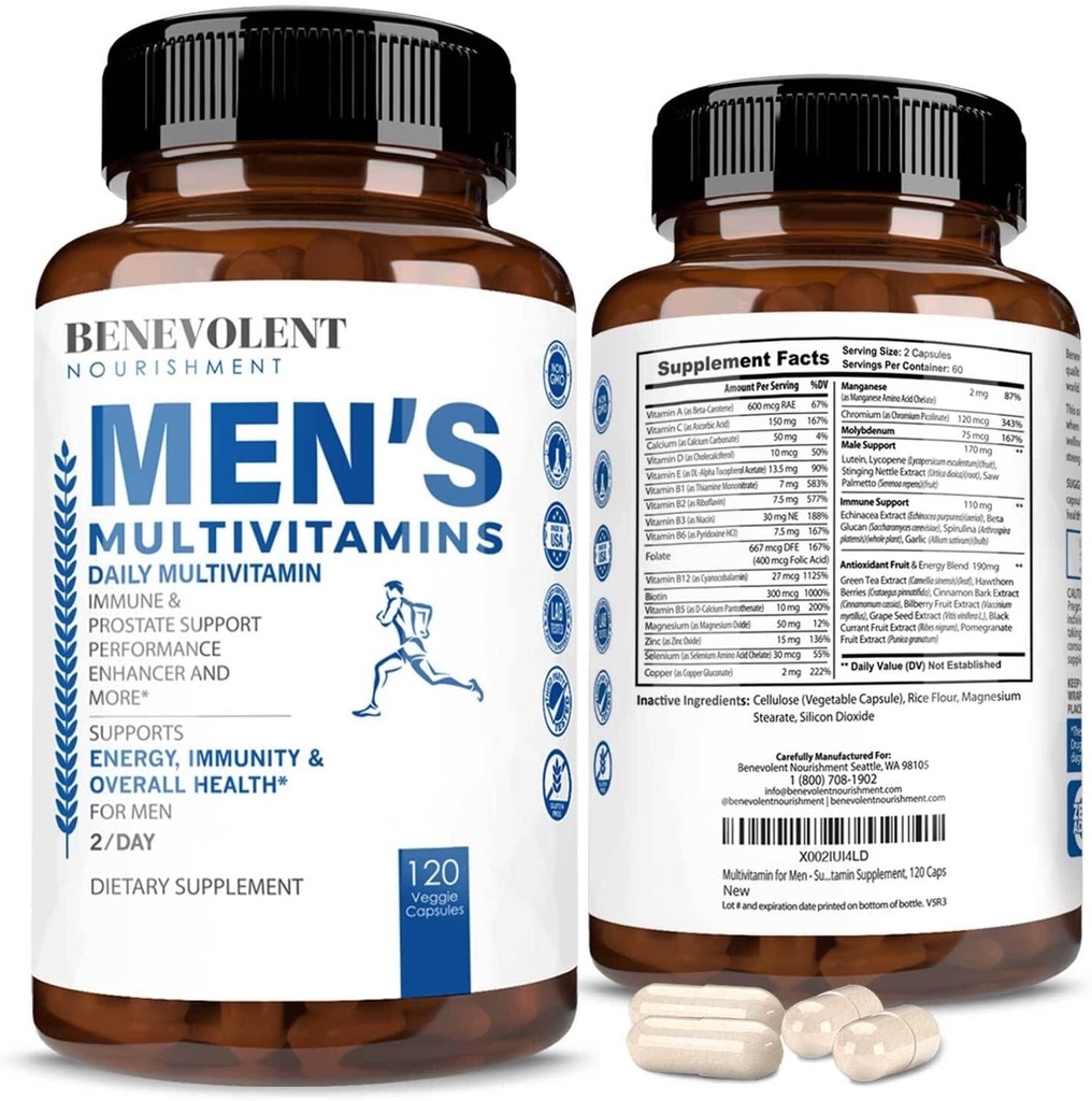 Benevolent Nourishment Multivitamin för Män - Stöder Energi & Total Hälsa - Essential Daily Vitamins för Män, Biotin, Magnesium, Zink & Antioxidant för immunhälsa - Non-GMO,120 Caps