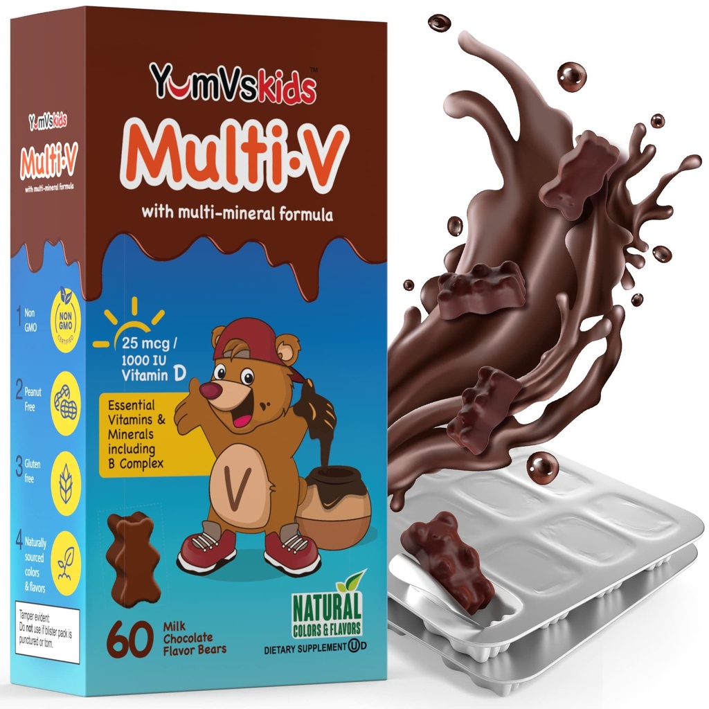 YUM-V's - Lapset monivitamiini purukarhut - monivitamiinia lapsille täydentää - 16 vitamiinit ja mineraalit - vitamiinit mukaan lukien D, sinkki, C, B Complex & More, 60 Count Pack of 1
