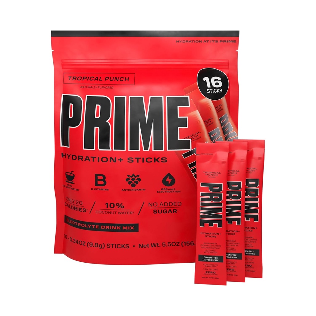 Prime HYDRATION+ Sticks Tropical Punch... Hydraation Powder Single serve Sticks... Electrolyte Powder On The Go... 250 mg BCAAs, B-vitamiinit, antioksidantit ...