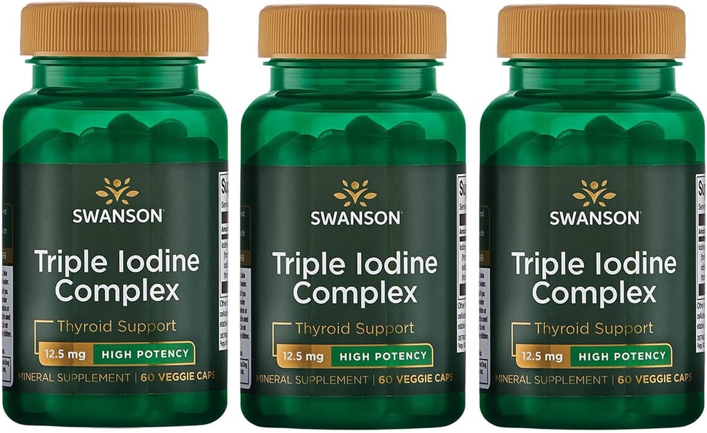 Swanson Triple Jodi Complex- Natural täydennysosa Vital Kilpirauhasen tuki-promootit Metabolinen toiminta, lisääntynyt punasolujen tuotanto, & Heart Health-(60 Kasviskapselit, 12, 5 mg Each) (3 pakkaus)