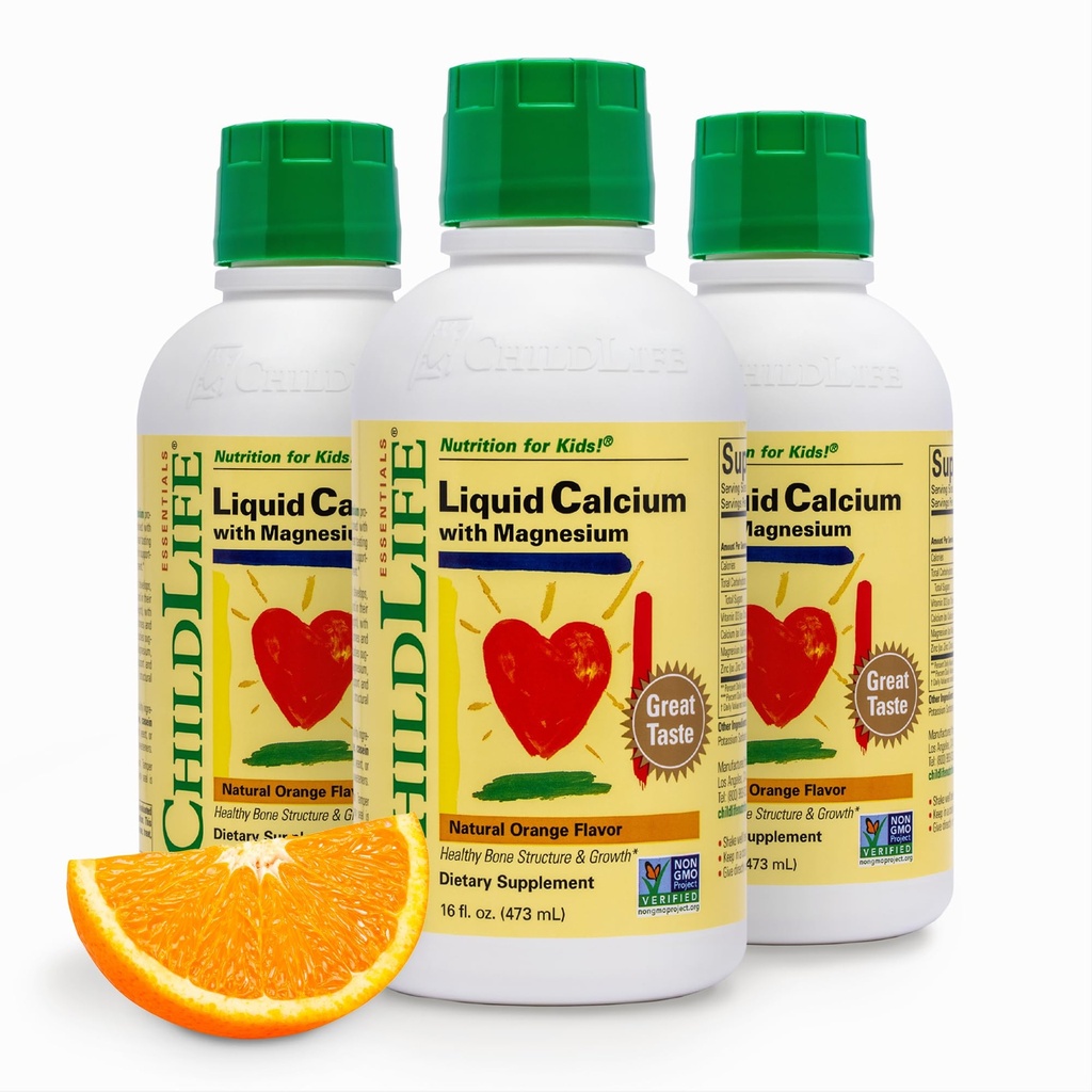 ChildLife Essentials Liquid Calcium Supplement for Kids - Vauva Kalsium magnesium, sinkki, ja D3-vitamiini - Orange Flavor, 16 fl oz (3 pakkaus)