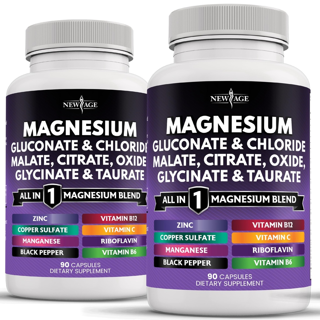 NEW AGE Magnesium Supplement -Powerful Glycinate Sitraatti malaattioksidi Taurate aspartaatti glukonaatti orotate & Magclomer Mangaani luun terveys ja luun vahvuus, yhteinen tuki- 180