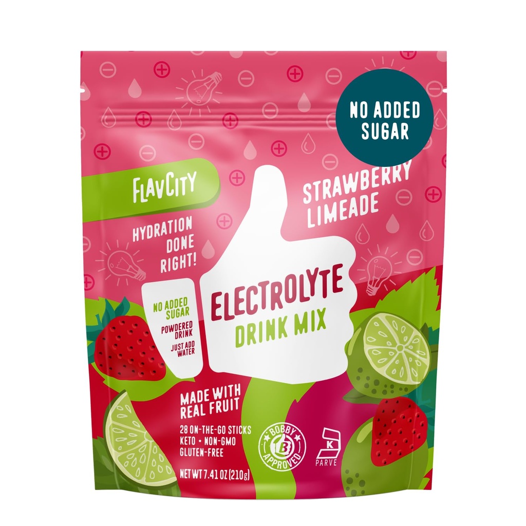 FlavCity Strawberry Limeade Electrolytes Powder Packets - 28 Hydration Packets - No Added Sugar - Hydration Powder med Real Fruit & Unrefined Sea Salt - Keto & Gluten-Free (28 Stick Packs)
