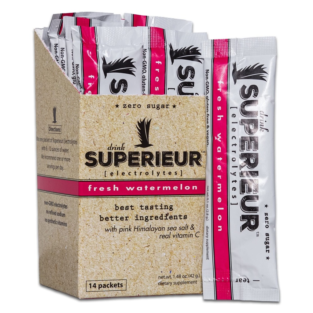Superieur Electrolyte Powder Packets - Vegan Electrolyte Hydration Powder W/Sea Minerals - Keto Friendly, Non-GMO, Zero Sugar Electrolyte Supplement - Hälsosam sportdryck - Vattenmelon (14 paket)