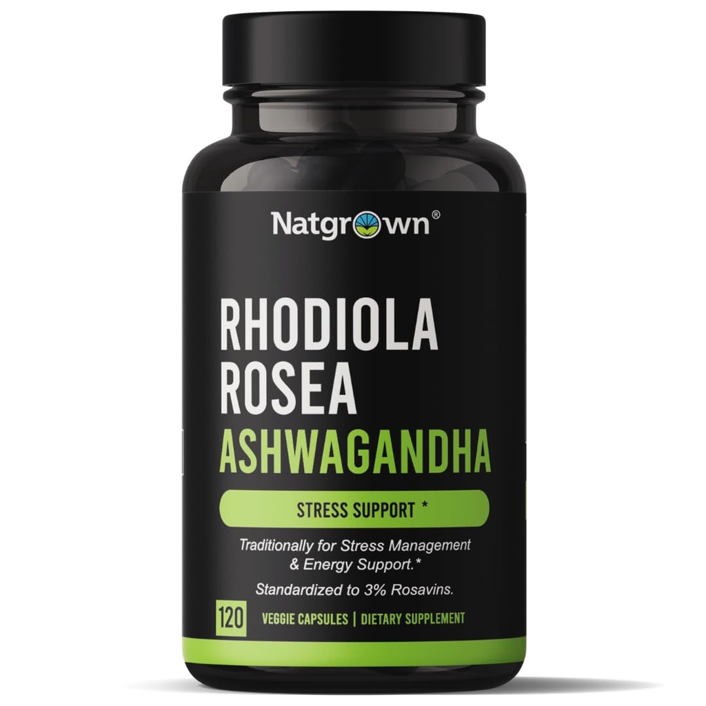 Natgrown Rhodiola Rosea Ashwagandha juuriuute kapselit - Standardoitu 3% Rosavins ja 1% salidosidi - 120 Count
