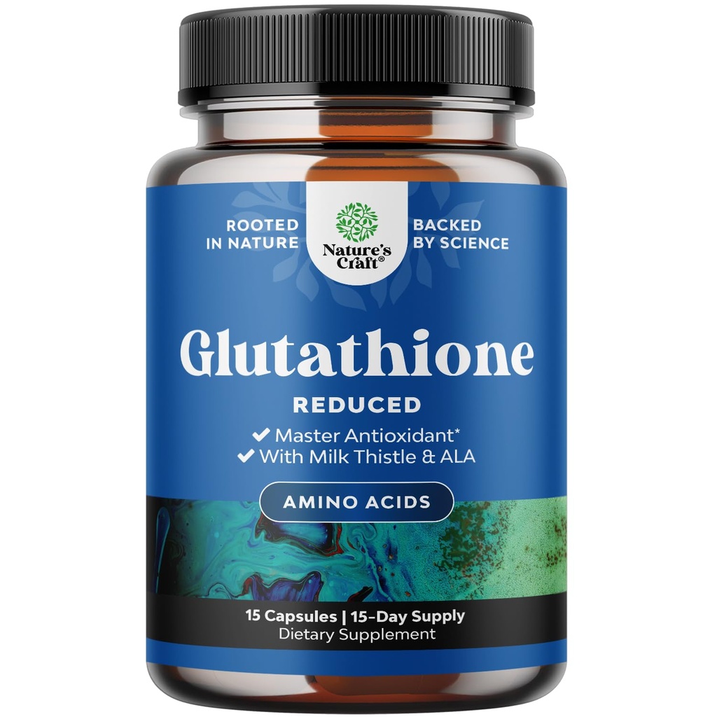 Pienennetty glutationi-lisävalmiste, jossa on maitoa Thistle - 500 mg/annos Pure L Glutationia alfalipoiinihappoa ja maitoa Thistle Silymarinia ihon radianssiin, maksan tuki ja immuuni- tuki - 15
