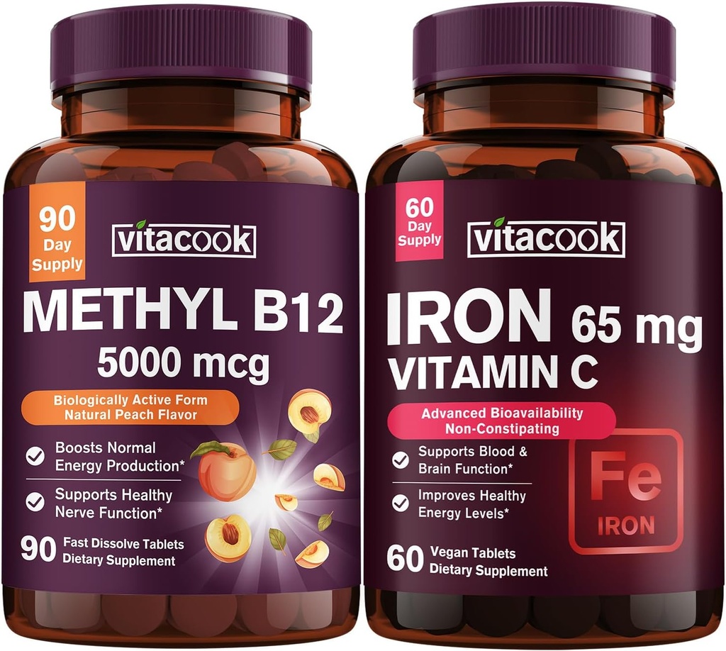 Järn och vitamin B12 Bundle, 5000 mcg B12, Zero Sugar, Carbonyl Iron med vitamin C, Gentle på magen