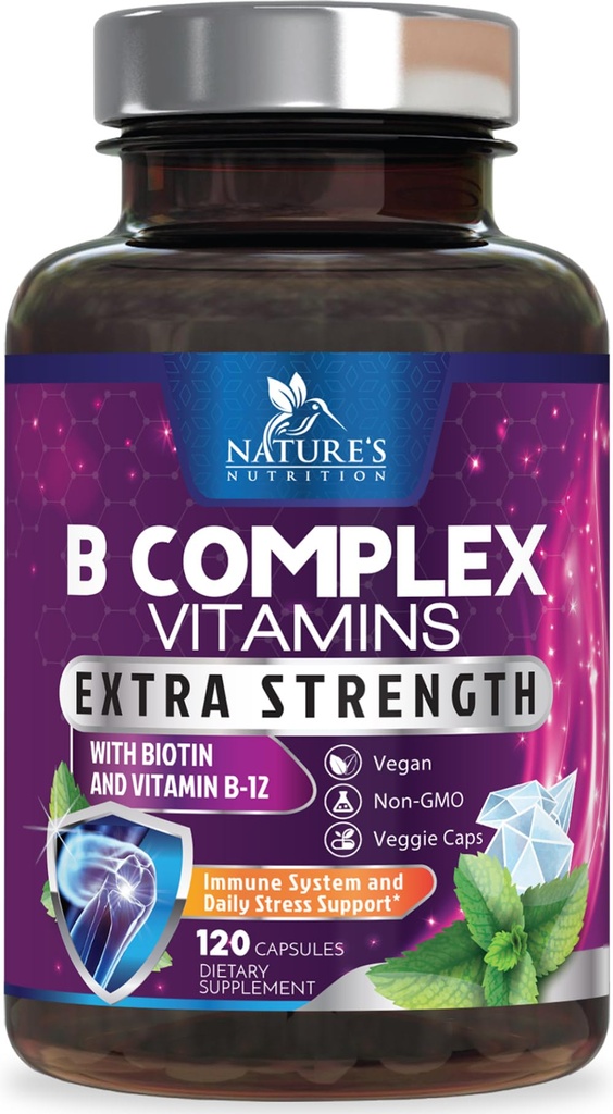B Complex Vitamins Capsules - med vitamin B12 B6 B100 C Biotin Folate & Folic Acid - Tillägg för hjärta, hjärna och nervstöd - Super komplett B-komplex för Immune & Energy Support - 120 kapslar