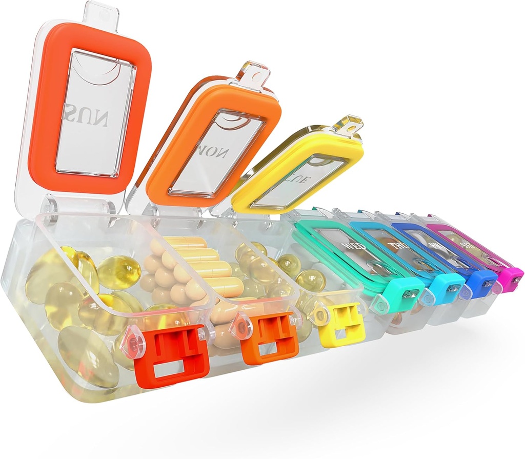 BEXEEN Weekly Medicine Pill Organizer Waterproof 7 Day Large Pill Box Daily Pill Case Cute Vitamin Organizer Portable Pill Container Travel Pills Holder XL Supplement Medication Dispenser En dag