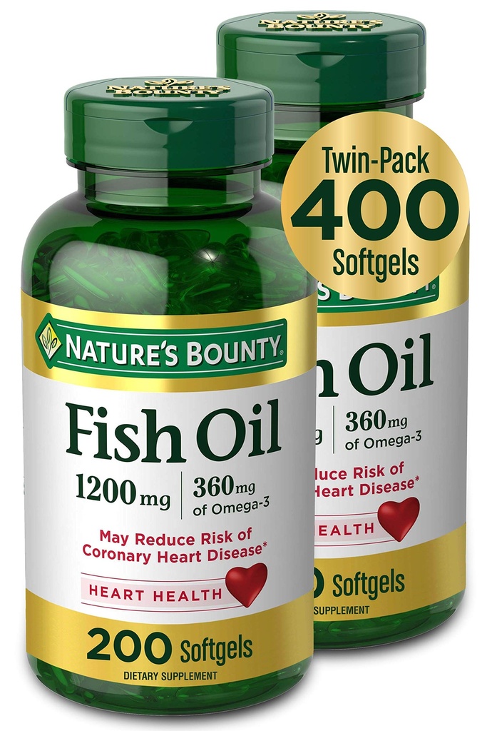 Naturens Bounty Fish Oil, kosttillskott med 360mg Omega-3, stöder hjärthälsa, 1200mg, 200 Softgels (Pack of 2)