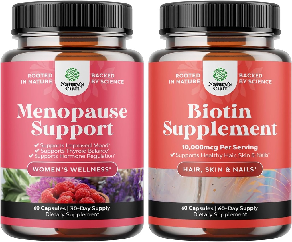Bundle kasviperäisten vaihdevuodet täydentää naisten ja 10000 mikrog Pure Biotin pillereitä naisille ja miehille - täydellinen Estrogeenitasapaino - Stop hiusten oheneminen Natural Supplement