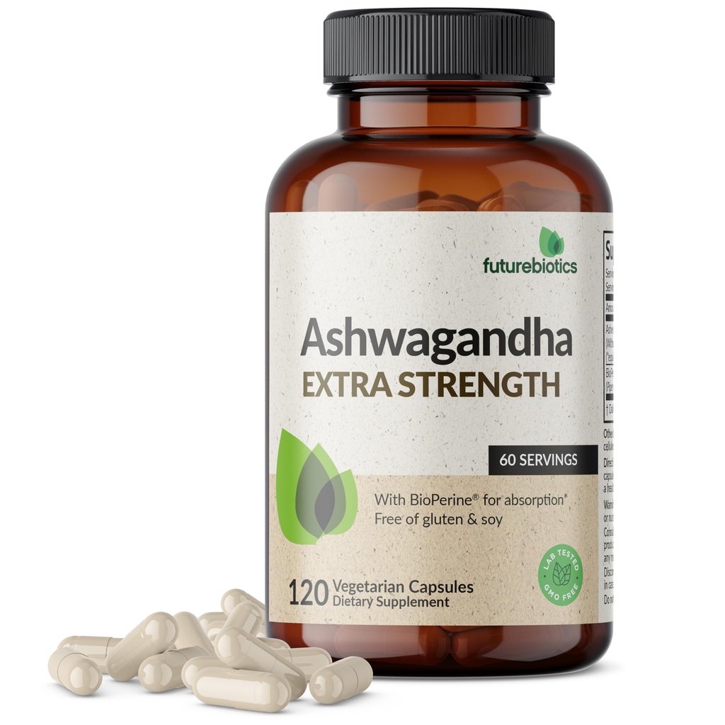 Futurebiootit Ashwagandha Extra Strength Stressi & mieliala tuki BioPerine - ei GMO Formula, 120 kasvissyöjä kapselit