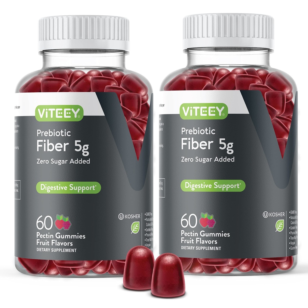 Viteey Prebiotic Fiber Gummies för vuxna, 5g - Gut Health & Digestive Soluble Fiber Supplement Gummies - Zero Sugar Added, Vegan, Gluten-Free - 120 Count