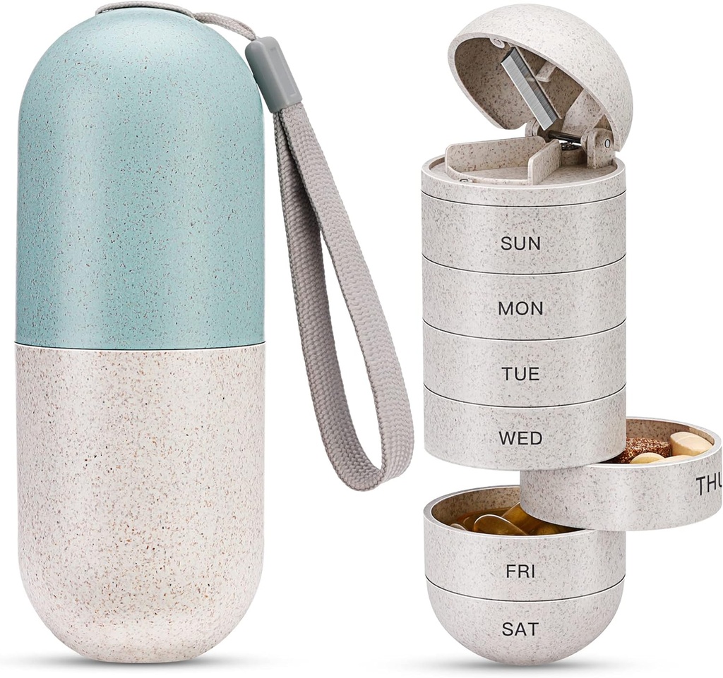 Zannaki 2 i 1 Pill Organizer med Cutter, Grain Fiber Weekly Pill Case Large Compartment Moisture Proof,Magnetic Lock,BPA Free Travel Hiking Pill Box 7 Day för att hålla piller, vitaminer, fiskolja, tillägg