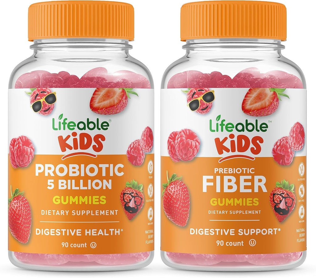 Elinkelpoinen Probiootit 5 Miljardin lapset + Prebioottikuitua Lapset, Gummies Bundle - Suuri maistaminen, vitamiini täydentää, gluteeniton, GMO-vapaa, purukumi