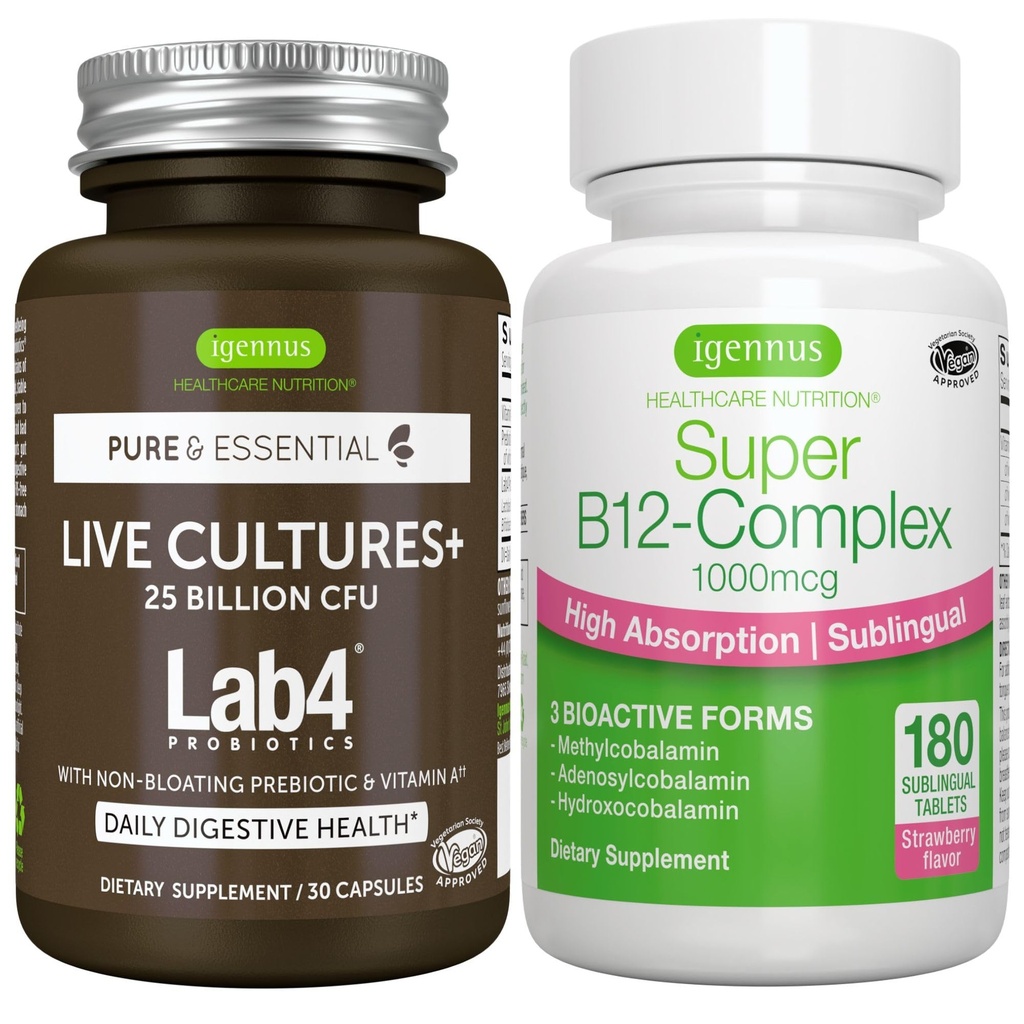 Elävät kulttuurit+ Lab4 Probiootit + Super B12-Complex, Vegan Bundle, 25 miljardia PMY Lactobacillus Acidophilus ja Bifidobacterium + suuri imeytyminen Sublingual B12, by Igennus