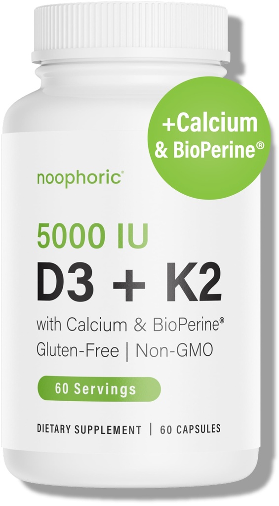 Nooforic D3 K2 -vitamiini 5000 IU - K2-vitamiini 100 mikrog MK7, kalsium, BioPerine - Bone Health & Immunosupport Supplement - Gluteeniton, ei-muuntogeeninen - D3-vitamiini K2 täydentää (60 Servings)