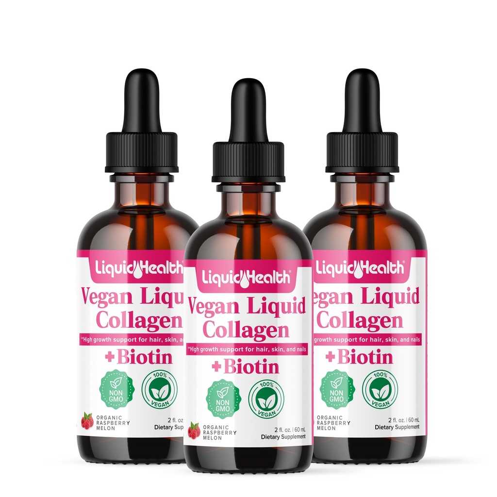 LIQUIDHEALTH 100% Vegan Collagen Plus Biotin 100 000 mcg Liquid Drops - Plant-Based Liquid Collagen for Women & Men - Hiusten ja kynsien kasvu, ihon terveys, Boosts Metabolia - valmistettu Yhdysvalloissa, ei-GMO (3 pakkaus)