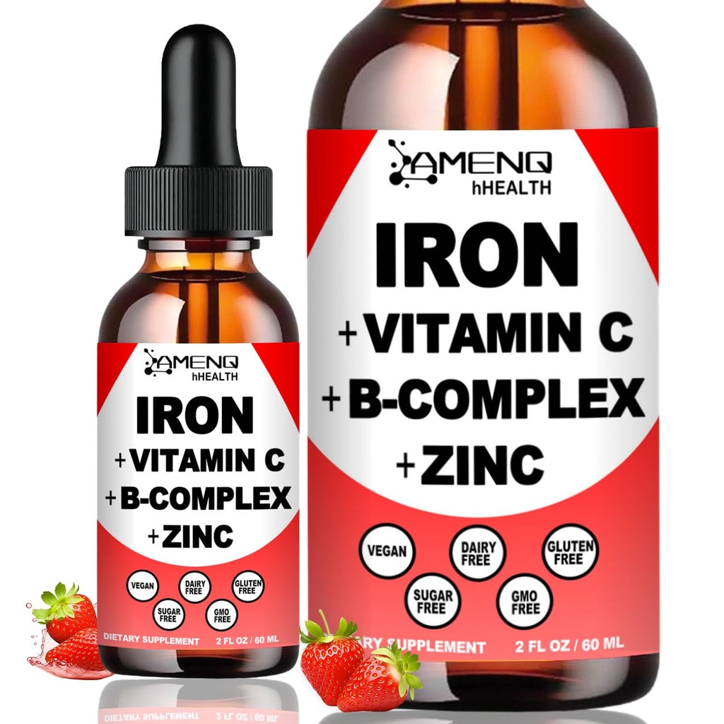 Liquid Iron Supplement w/Vitamin C, A, B-Complex, Vegan Iron Drops High Potency Liquid Vitamiini & Iron Supplements for Women, Miehet & Children -Tuki punainen verisolu, energia, anemia & väsymys