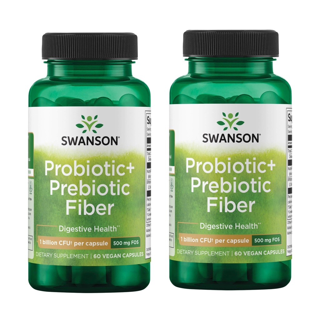 Swanson Prebiootti + Probioottikuitu - Natural Supplement Promoting Dgestive System & Immuno Health Support - Aids Säännöllisyys & GI Tract Health - (60 kapselia, 500 miljoonaa PMY Each) (2 pakkaus)