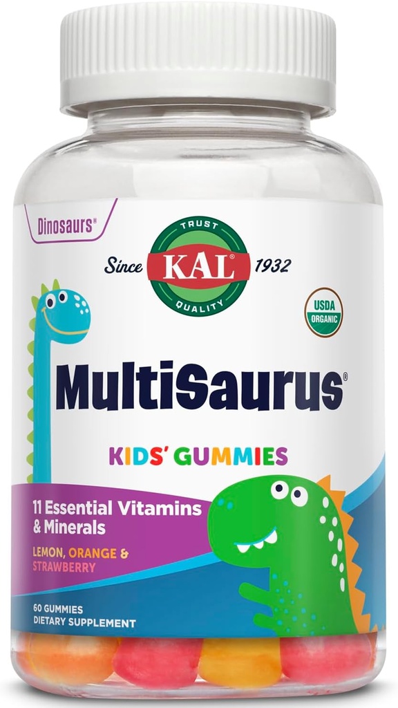 KAL MultiSaurus Multivitamiini Gummies, USDA Organic Multivitamiini lapsille, terveet luut, immuuni- ja energiatuki, vegaaninen & gluteeniton, ei keinotekoisia makuja tai värejä, 30 tarjoilua, 60 Gummia