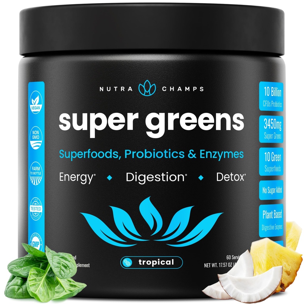 NutraChamps Super Greens Powder Premium Superfood 20+ Organic Green Veggie What Grass, Spirulina, Klorella Antioksidantti, digestiivinen Enzyme & Probioottisekoitukset (9.1 OZ, Trooppinen)
