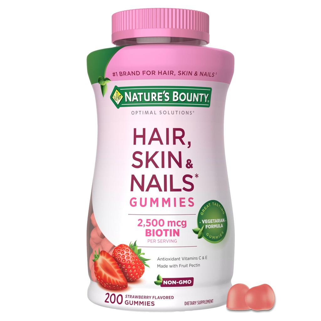 Nature's Bounty Optimal Solutions Hiukset, iho ja kynnet Pectin Gummies, 2500 mcg Biotin Per Serving, Ei Stick Gummy, Kasvisruokaa Formula, Mansikka maku, 200 laskea, 100 Yhteensä