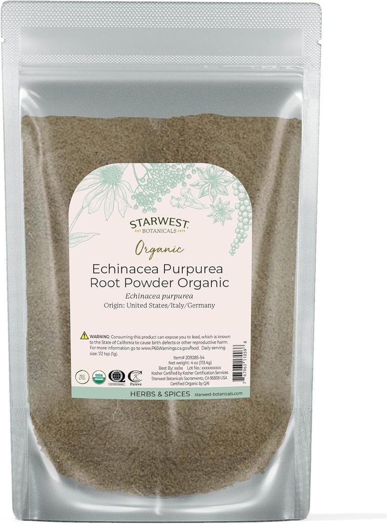 Tähtilän kasvitieteelliset kuivatut echinacea Purpurea Root Powder Organic - Loose Herb for Tea, Tinctures, & Natural Herbal Blends, Pure Purppura Coneflower, Certified Kosher, Ei GMO - 4 oz Pouch