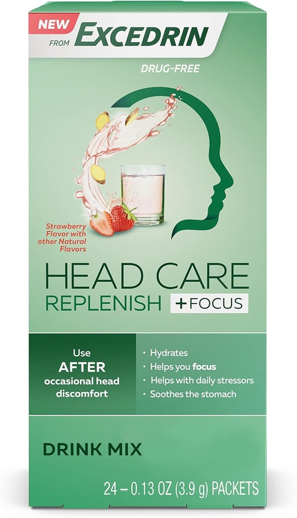 Excedrin Head Care Replenish Plus Focus från Excedrin Drink Mix med elektrolyter, L-Theanin, Ginger och koffein för Head Health Support - 24 Packets