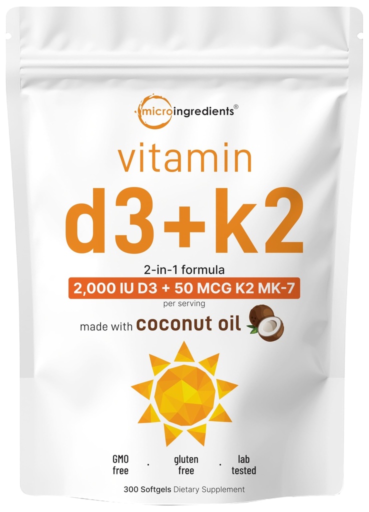 Micro Ingredients Vitamin D3 2 000 IE + K2 MK-7 50 mcg, 300 Softgels | Virgin Coconut Oil | 2-i-1 Support | Lätt att svälja, icke-GMO
