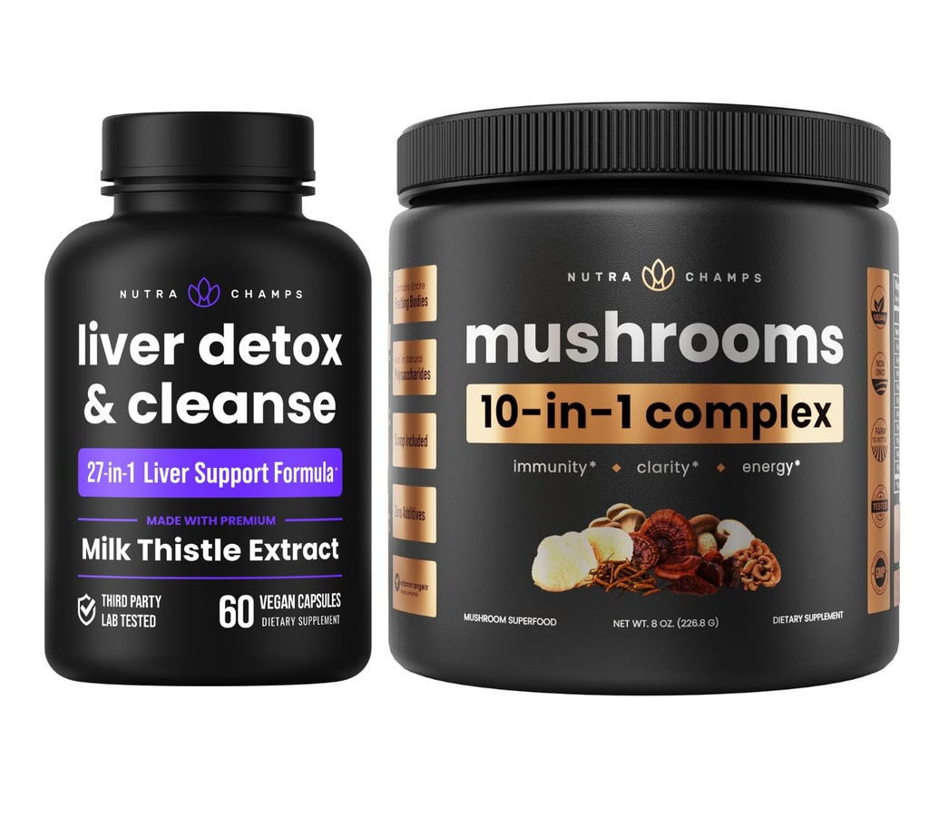 NutraChamps Liver Detox & Mushroom Powder - Kognition, Detox & Immuniteetti Bundle
