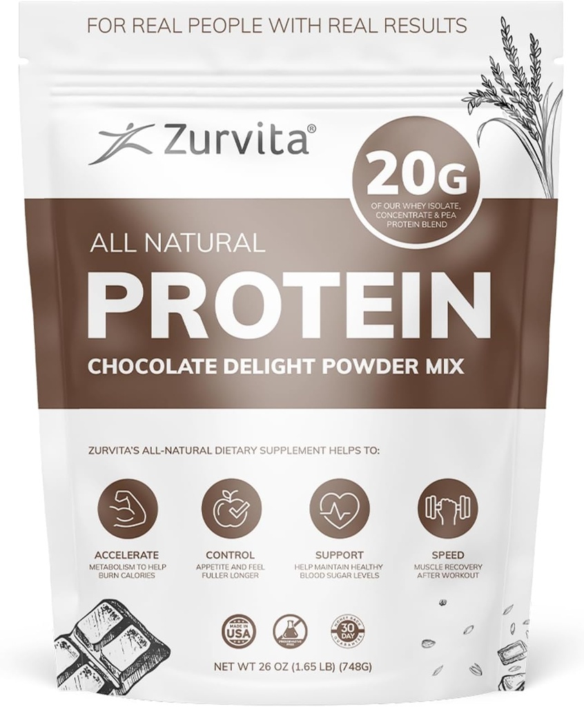 Zurvita - Chocolate Delight Protein Powder - 20g Protein, Probiotika, 24 + Vitaminer och mineraler - Inga konstgjorda sötningsmedel - 26oz (20 portioner)