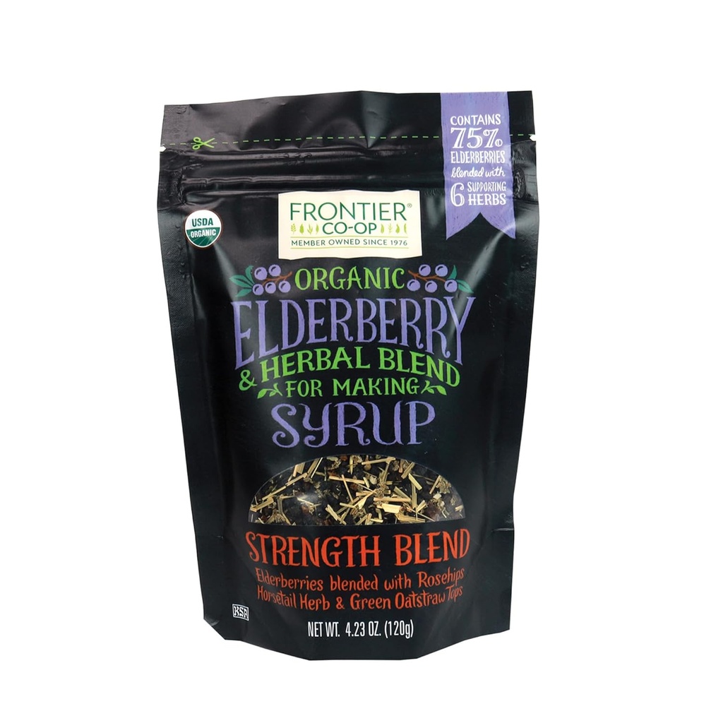 Frontier Co-op Organic Elderberry, 4.23 Ounce Bag | Torkade Elderberries för att förbereda Syrup | Kosher | Perfekt för te och Herbal Blends