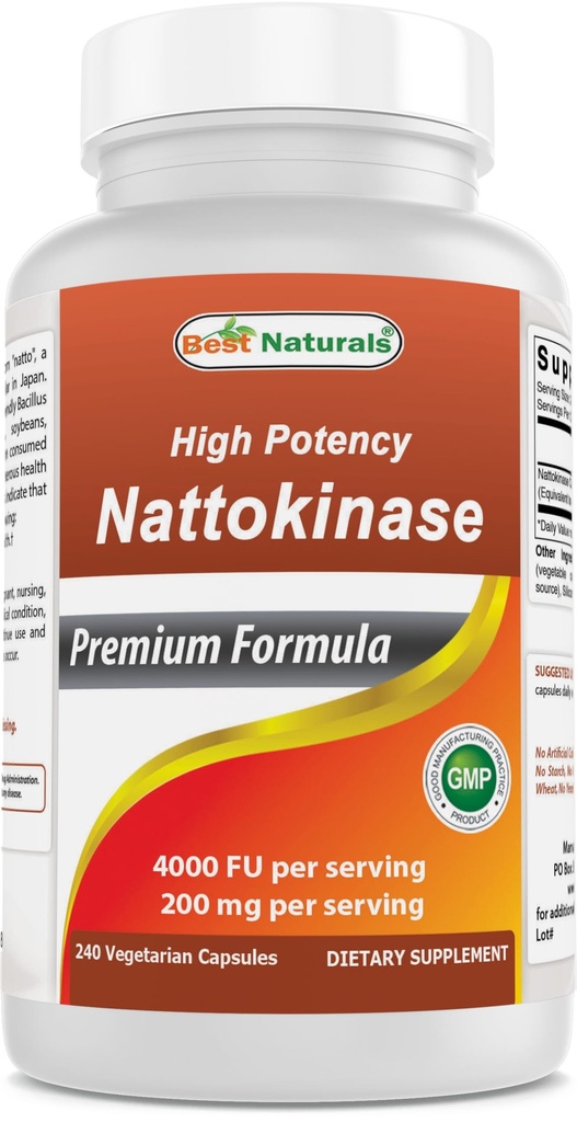 Best Naturals High Potency Nattokinaasi 4000 FU Per Serving/ 200 mg per Serving, 240 Vegetarain kapselia. Ei-GMO, Gluteeniton.