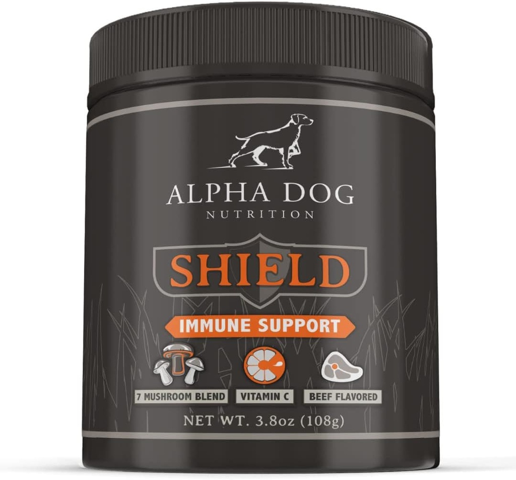 Shield Allergia Immuuni tuki täydentää koirille Alpha Dog Nutrition - 7 Nutritional Mushroom Powder Complex + C-vitamiinia Boost Immuniteetti - jopa 120 Tarjoiluja pienille koirille, 108g