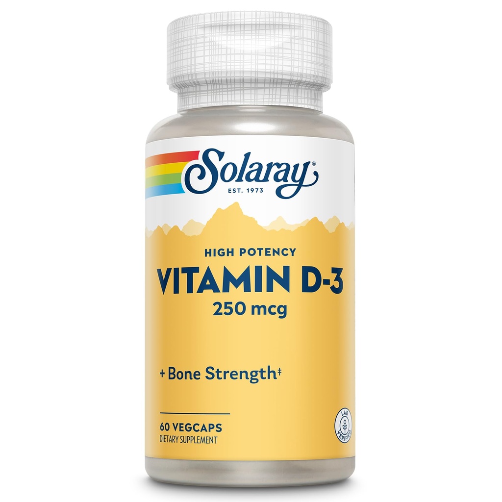 SOLARAY-vitamiini D3 10000IU (250 mikrog) - korkea teho D-vitamiini - VIT D3 kuten kolekalsiferoli - Vahvoja luut ja immuuni tuki täydentää - 60 päivän takuu, 60 palvelinta, 60 VegCaps