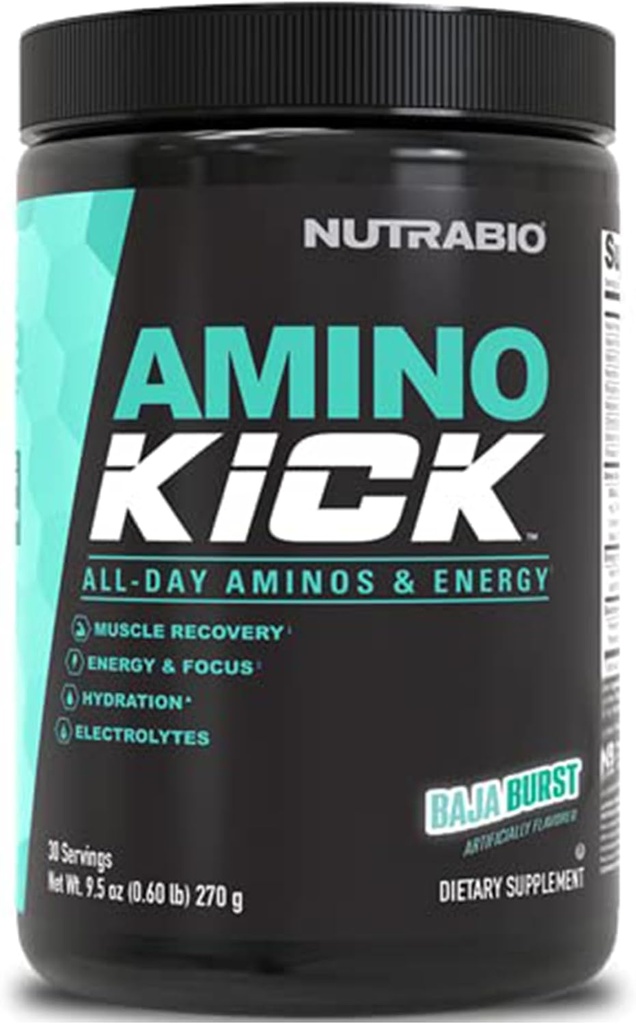 NutraBio Amino Kick - BCAA Powder med naturkoffein - Aminosyror Supplement för energi, Hydration & Recovery - BCAAs, Electrolytes & Aminosyror - Baja Burst, 30 portioner