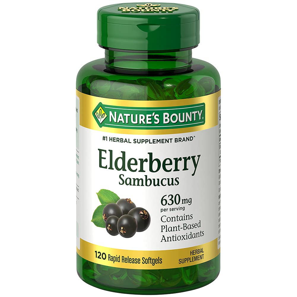 Nature's Bounty Sambucus Elderberry Herbal Supplement, Rapid Release Softgels, 630 mg per Serving, 120