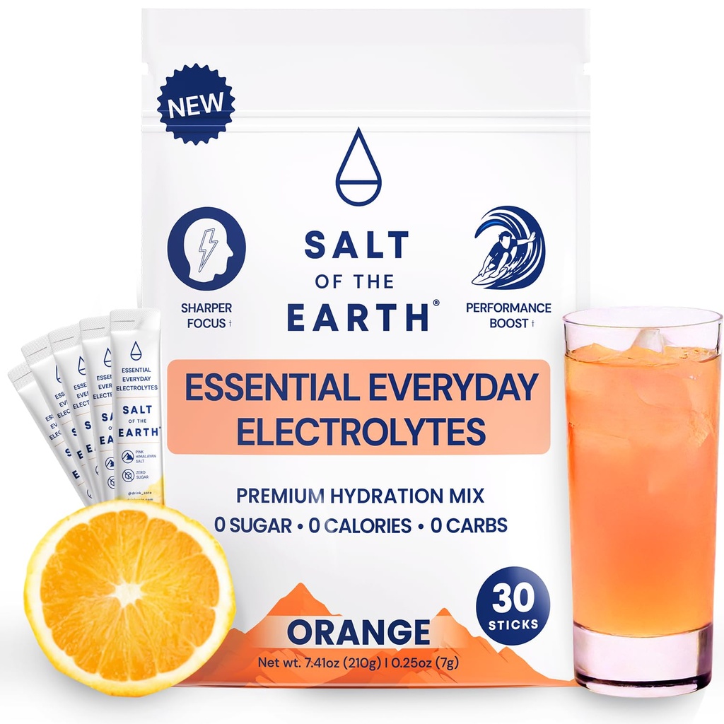 Salt av jorden Premium Zero-Sugar Electrolyte - Made with Pink Himalayan Salt - Hydration Powder Packets | Premium Ingredienser | Keto & Paleo Friendly | 30 Sticks, Orange