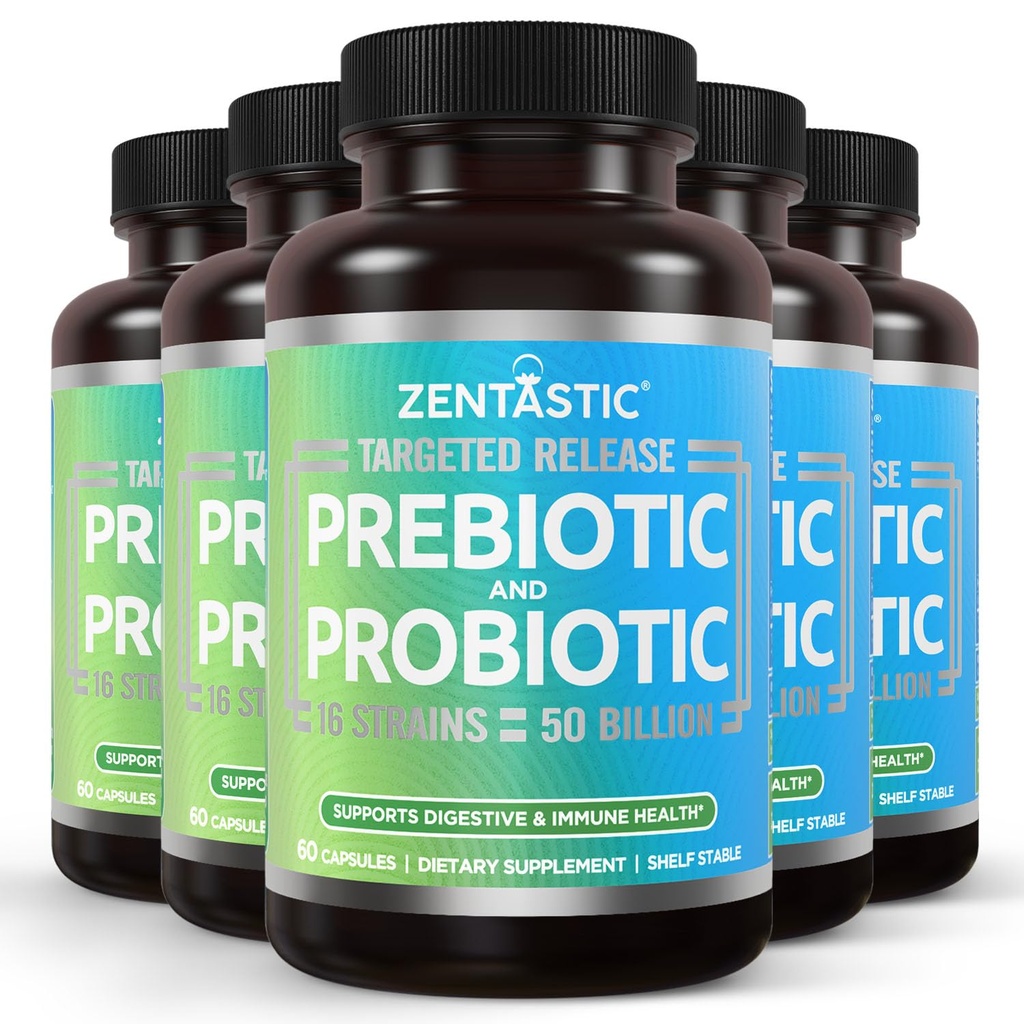Zentastic Probiootit & Prebiootit Supplement - 50 miljardia PMY - miehille & naisille Immuuni & Ruoansulatus - 16 kanta - Hylly vakaa - 300 Viivästynyt julkaisu kasviskapselit