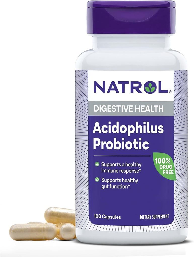 Natrol Acidophilus Probiootti 100 mg, ravintolisä terveen suolen toimintaa varten, Ruoansulatuselimistön kapselit aikuisille, 100 kapselia, 33 päivään asti