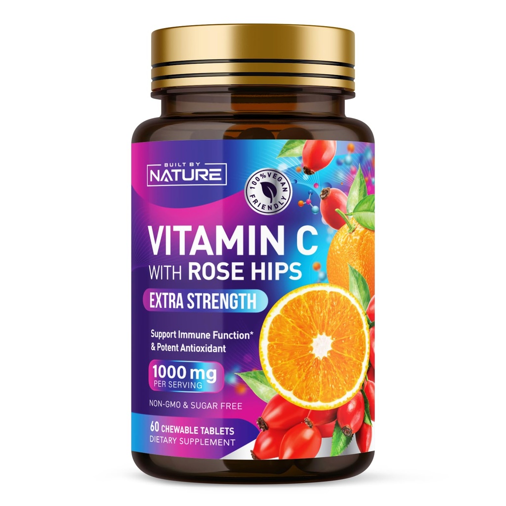 Rakennettu luonnon pureskeltava C-vitamiinia Rose HIPS - 1000 mg Immuunituki täydentää - ei-GMO, Gluteeniton, Vegaani - Tehokas antioksidantti energia & Collagen Boost - Orange Flavor 60 tablettia