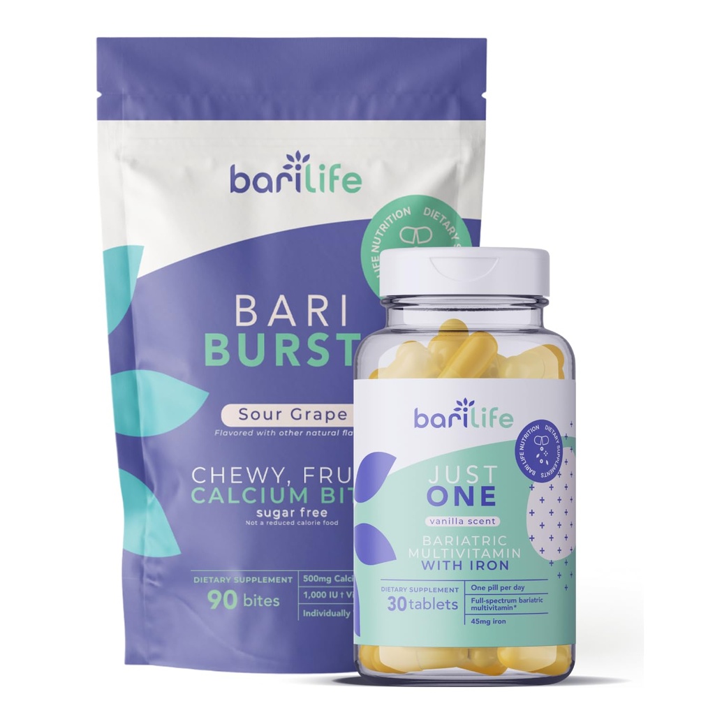 Bari Life Just One, Kerran päivässä Bariatric Multivitamiini rauta (30 tablettia) ja BariBurst Kalsium Citrate Soft Chews mahalaukun, mahalaukun hiha ja Duodenal Switch (Sour Grape)