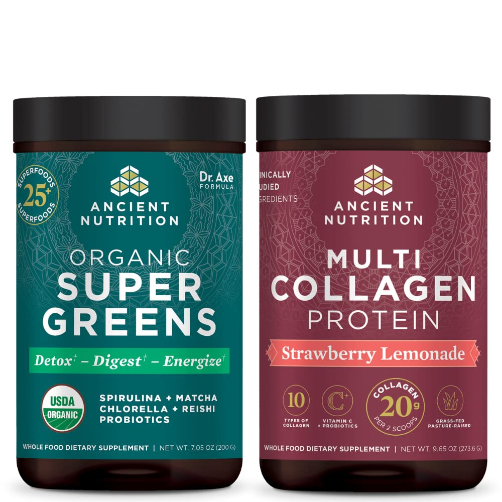 Ancient Nutrition Organic Supergreens Powder, Vihreät Maku, 25 Tarjoilut + Multi Collagen Protein Powder, Mansikka sitruunaa, 24 Tarjoilut