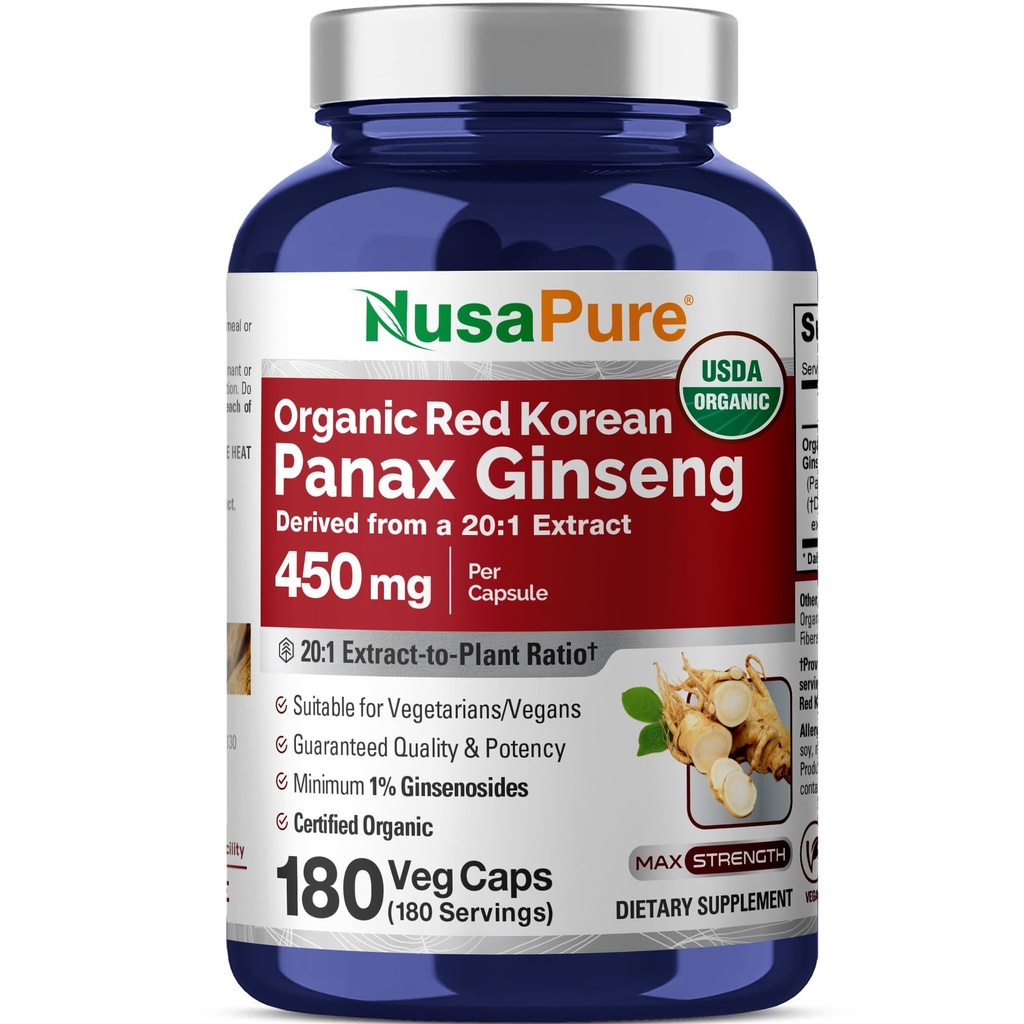 NusaPure Red Korean Panax Ginseng 20:1 Extrakt, 450 mg Equivalent till 9 000 mg 180 Veggie Caps (USDA Organic, Non-GMO, Vegan, Vegetarian, Bioperine)