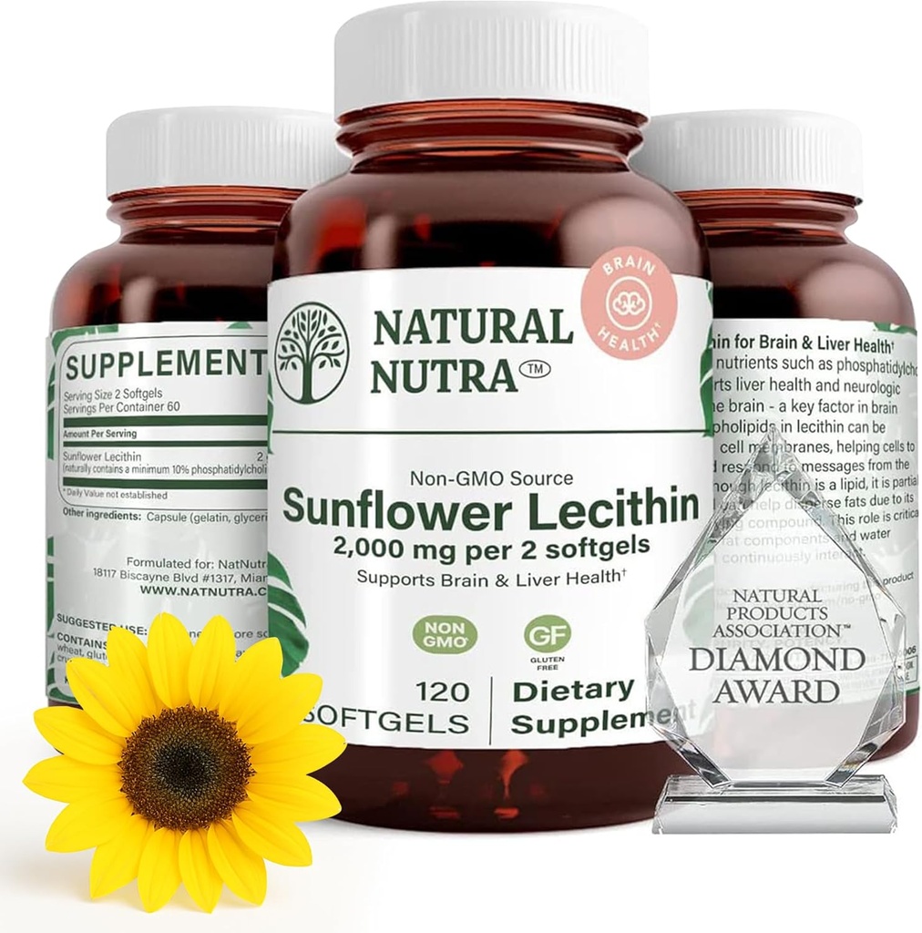 Natural Nutra Auringonkukka Lecithin 2000 mg lisäravinteet, tukee rintaruokintaa äidit plugged maito Duct Relief, Maksa & Brain Health Booster, Soy Free, Ei-GMO, Gluteenittomat, 120 Softgels (3 pakkaus)